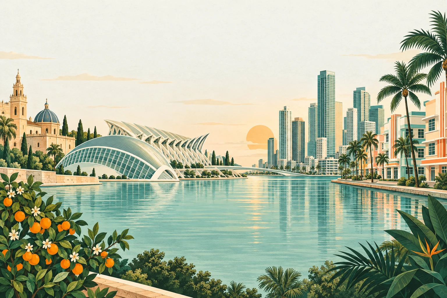 Editorial illustration combining Valencia’s City of Arts and Sciences with Miami’s Art Deco buildings, palm trees and waterfront skyline